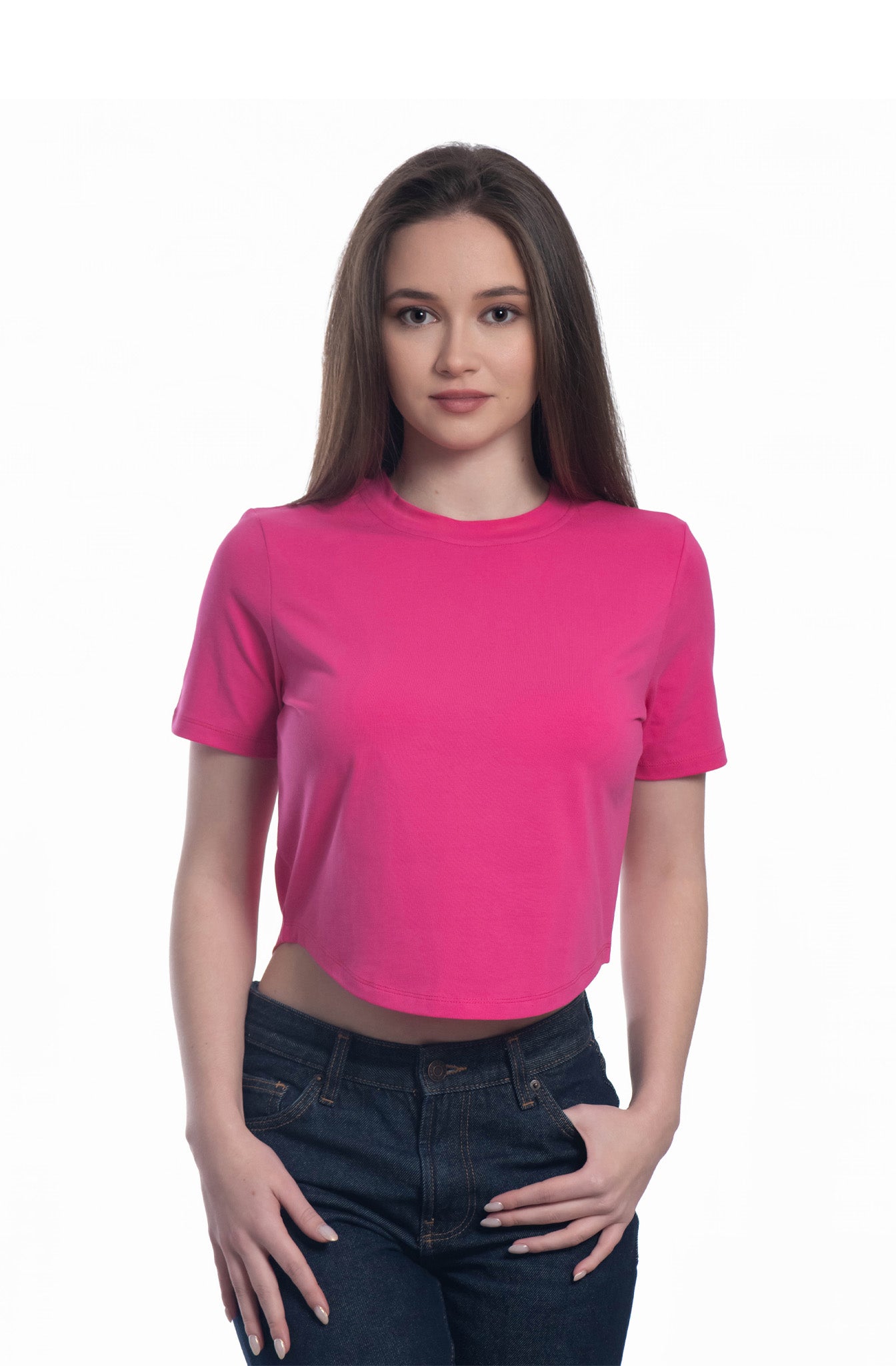 Top corto de cuello redondo y manga corta para mujer