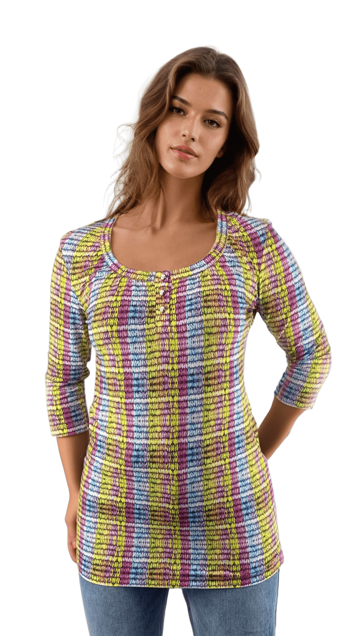 Túnica de mujer - Camiseta de manga 3/4 con escote redondo y botones