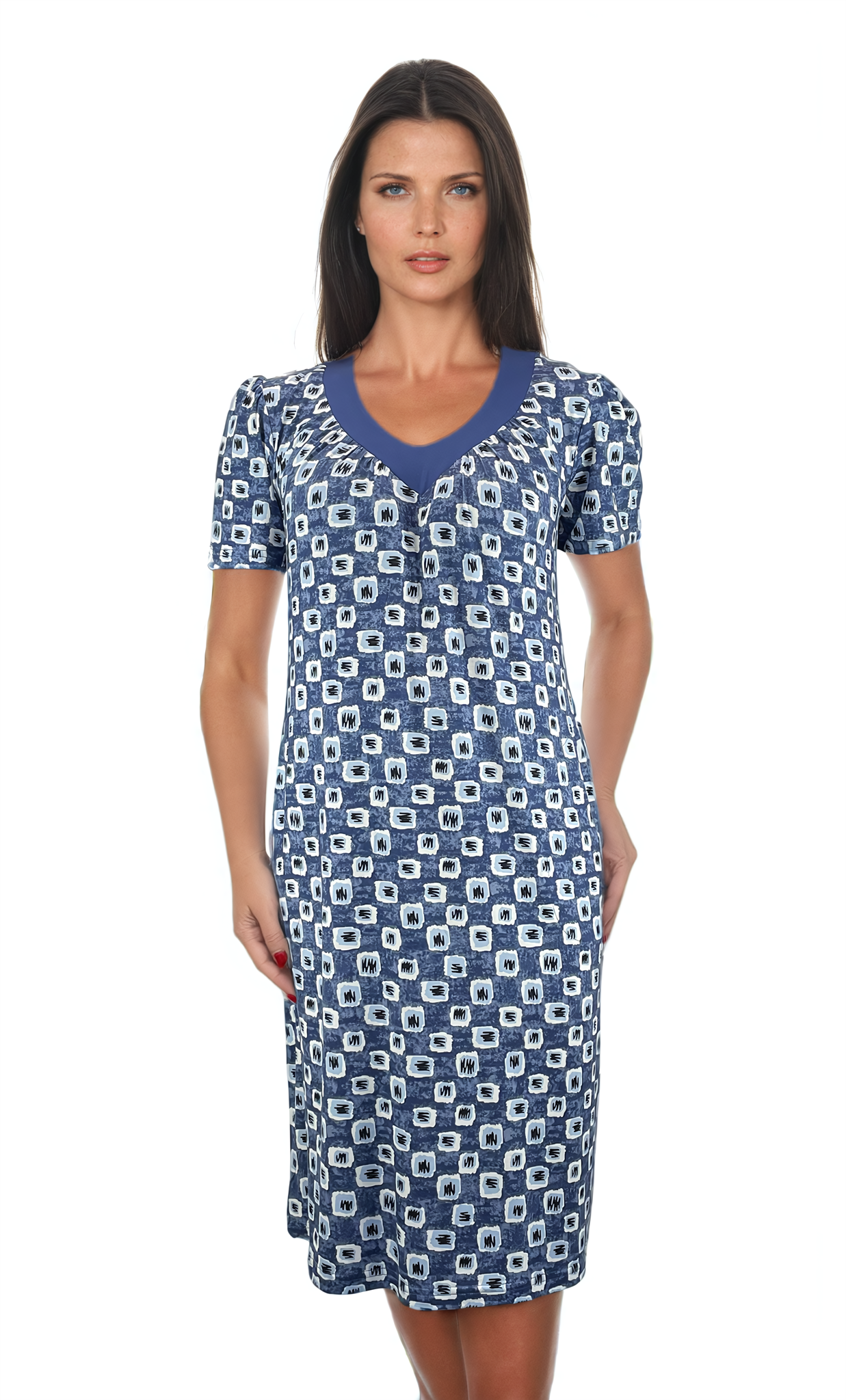 Vestido de mujer con mangas cortas y escote pronunciado.