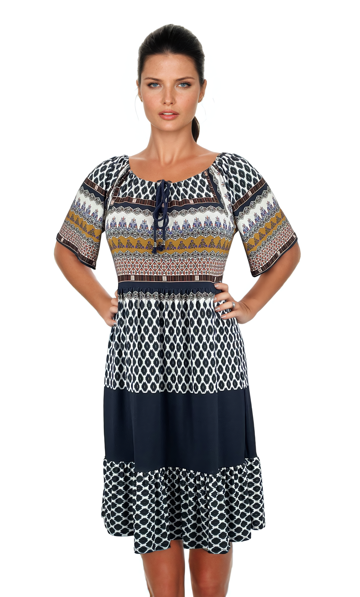 Vestido de mujer con manga corta y escote redondo.