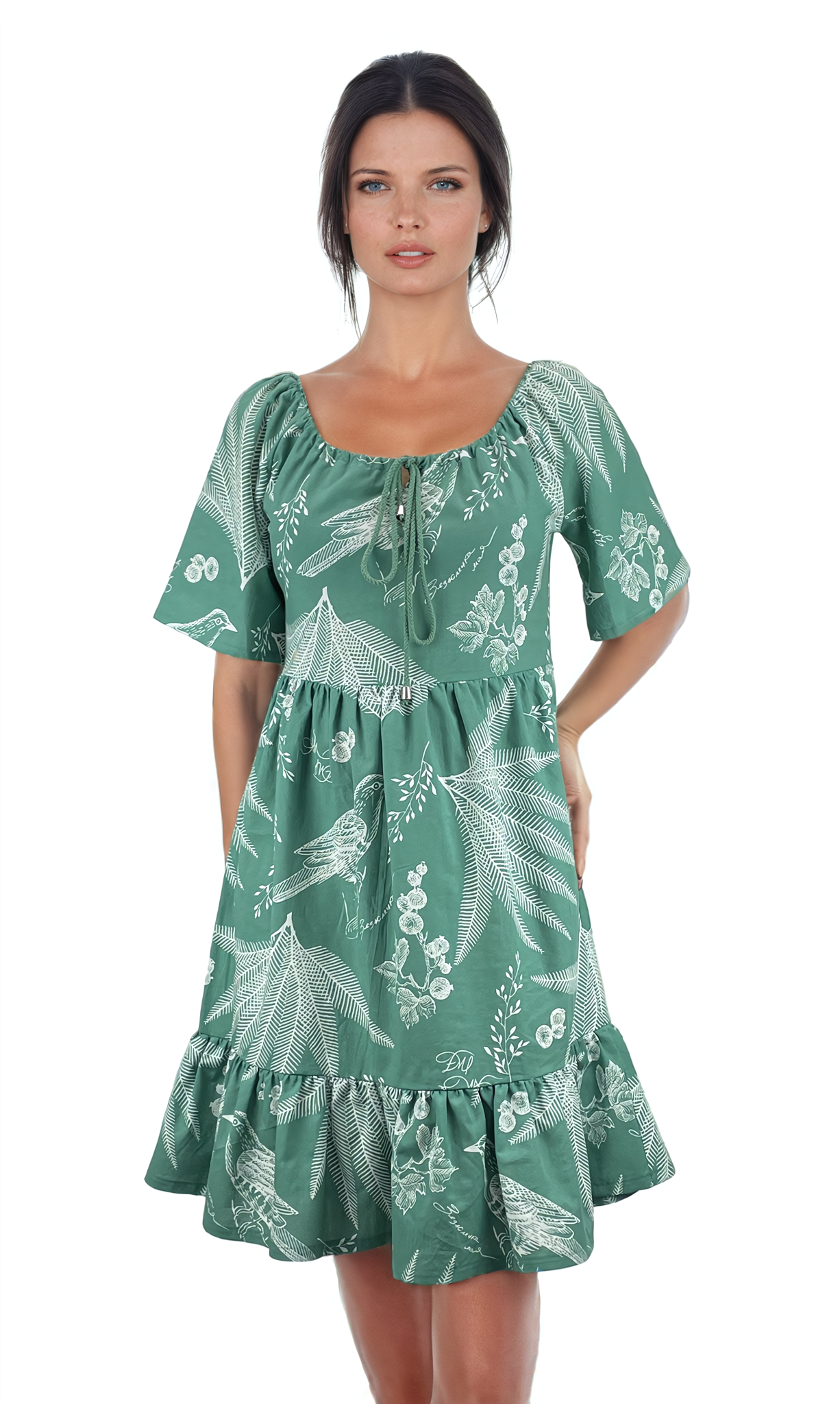 Vestido de mujer con manga corta y escote redondo.