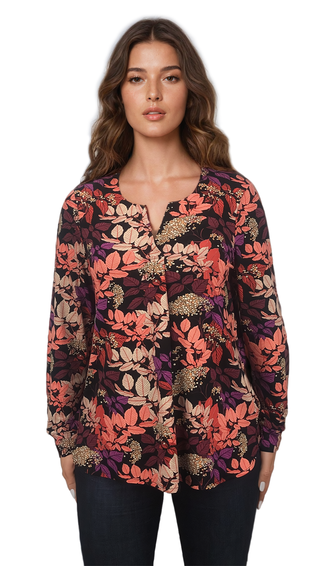 Blusa-túnica de mujer con mangas largas y escote pronunciado.