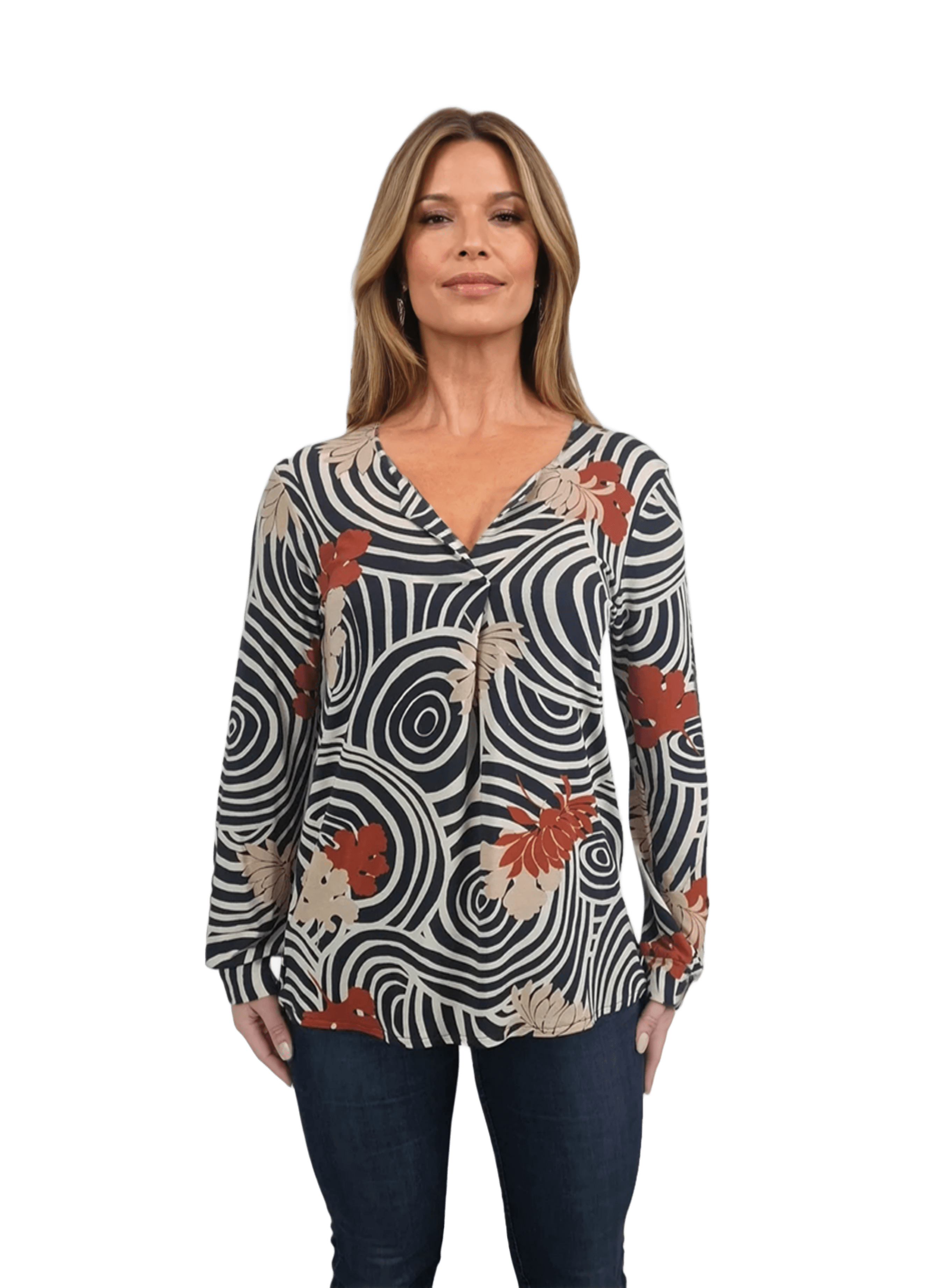 Blusa-túnica de mujer con mangas largas y escote pronunciado.