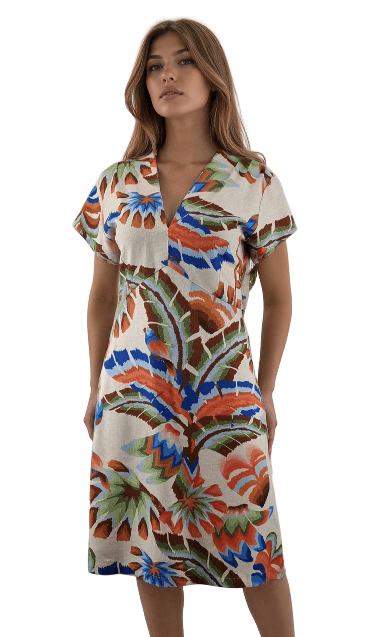 Vestido de lino para mujer con mangas cortas y escote pronunciado.